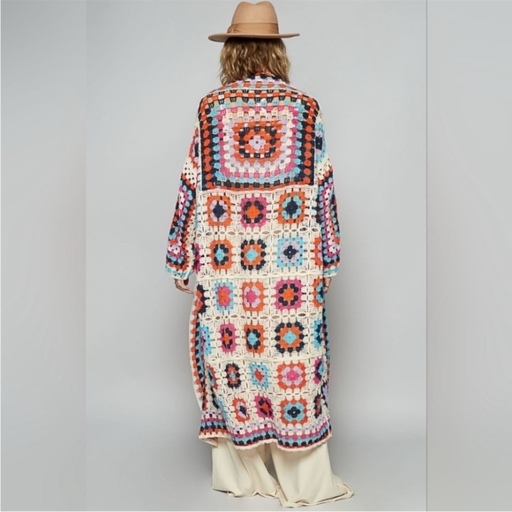 New POL Beige Multicolor Granny Squares Long Crochet Knit Cardigan